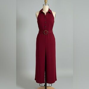Monteau Burgundy Button-Down Jumpsuit